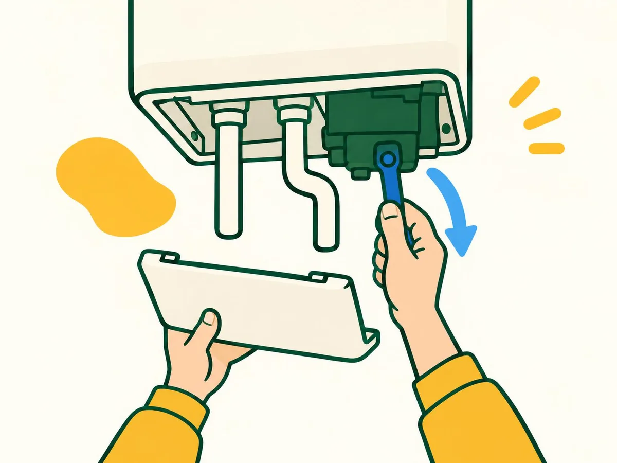 Illustration of the bottom cover taken off a boiler and a hand pulling a blue lever on a dark manifold downwards