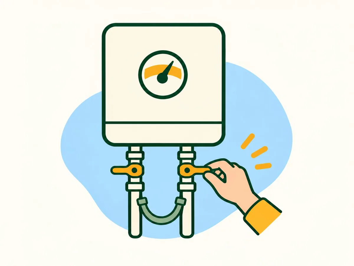 Illustration of two pipes under a boiler joined by a flexible hose, with a hand turning one of the lever valves
