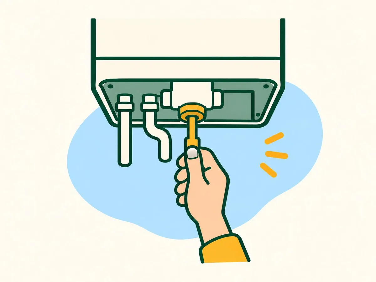 Illustration of a hand pushing a small filling key up into the manifold under a boiler