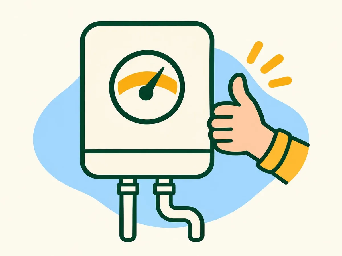Illustration of a boiler gauge with the needle inside the marked band and a hand giving a thumbs-up