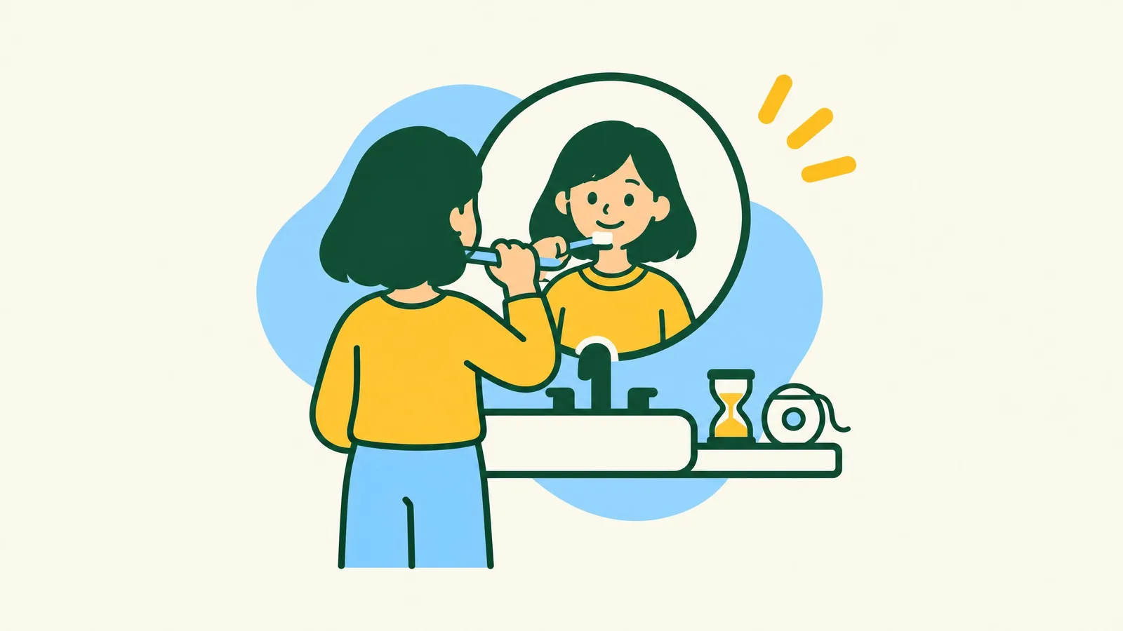 Illustration of a woman smiling at a bathroom mirror while brushing her teeth, with a small timer and floss on the shelf