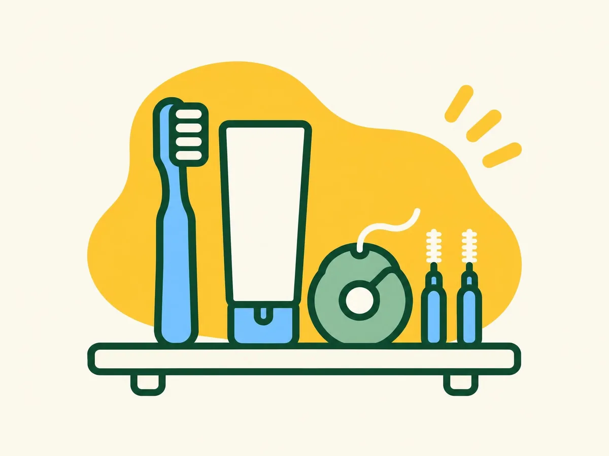 Illustration of a soft toothbrush, a tube of toothpaste, a reel of floss and two small interdental brushes laid out together