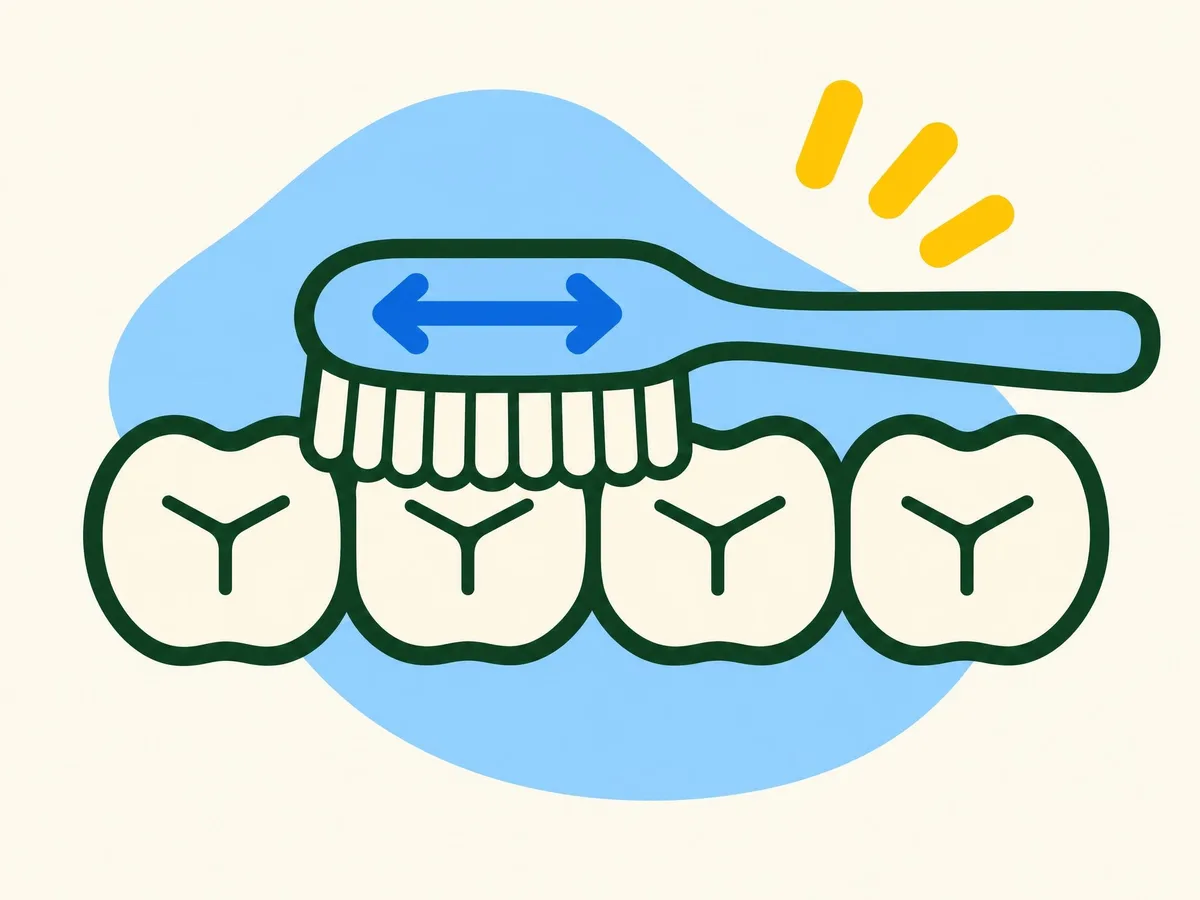 Illustration of a toothbrush lying flat on the chewing surfaces of the back teeth with a back-and-forth arrow