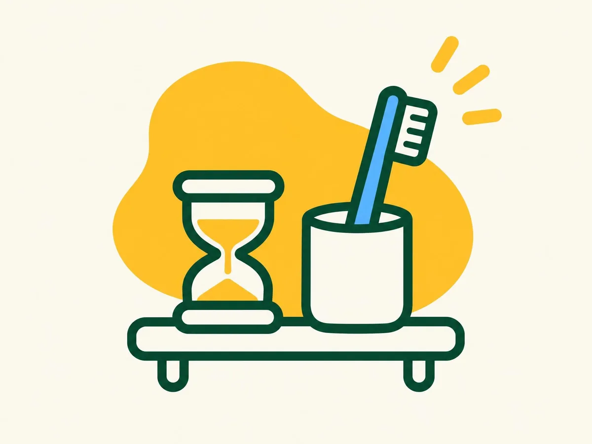 Illustration of a small sand timer on a bathroom shelf next to a toothbrush in a cup