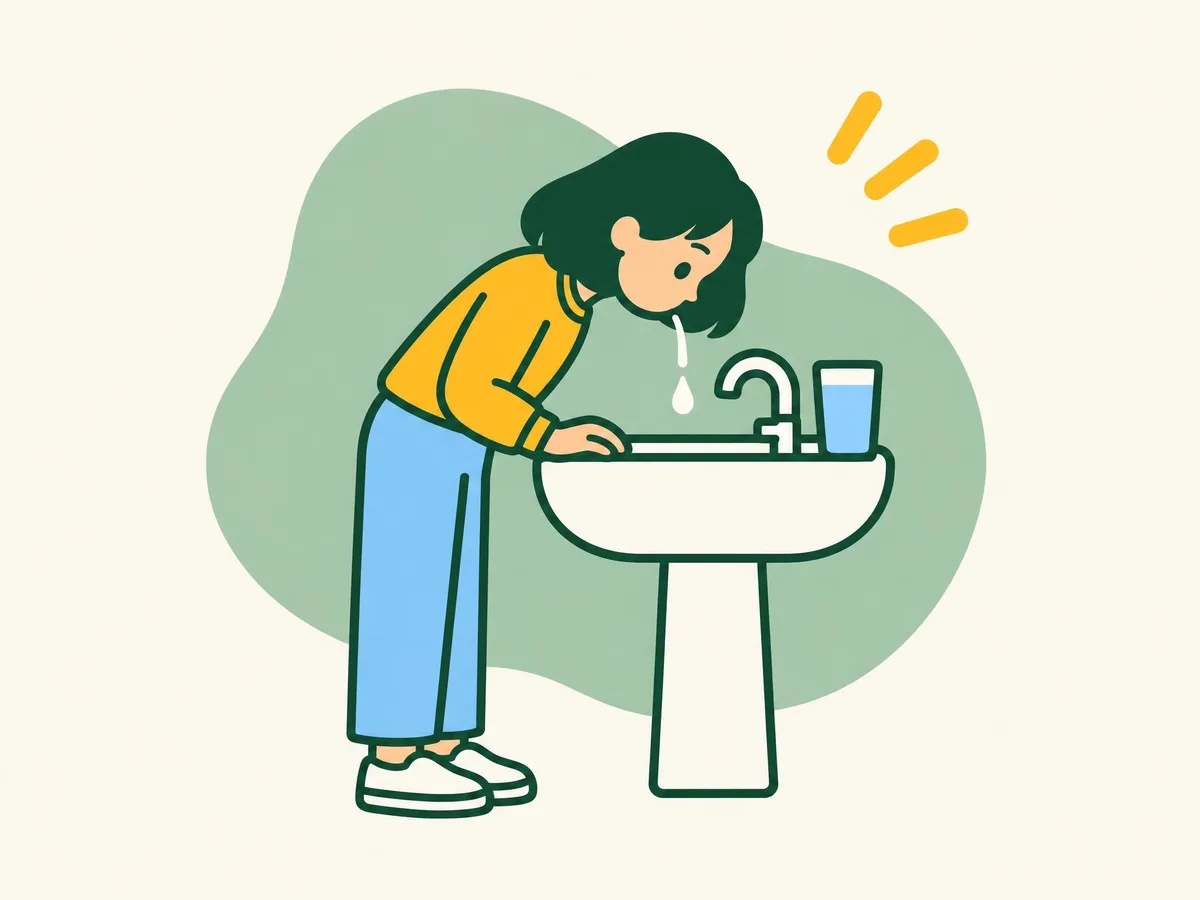 Illustration of a woman leaning over a basin to spit, with a glass of water left untouched beside the tap