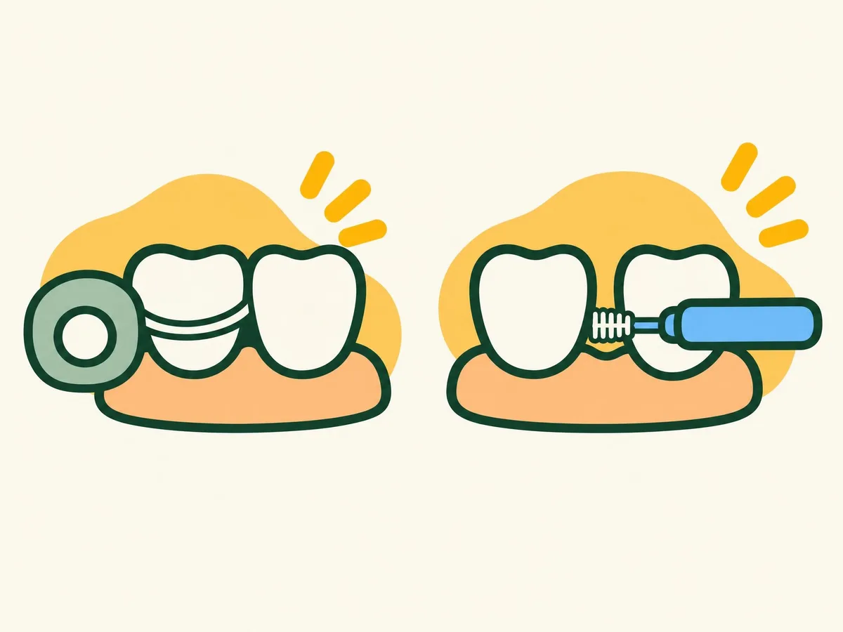 Illustration of a reel of floss beside tight teeth, and a small interdental brush beside teeth with a wider gap
