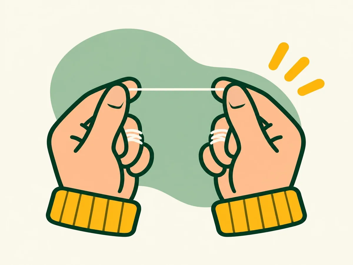 Illustration of two hands with a length of floss wound round both middle fingers and held tight between thumbs and forefingers