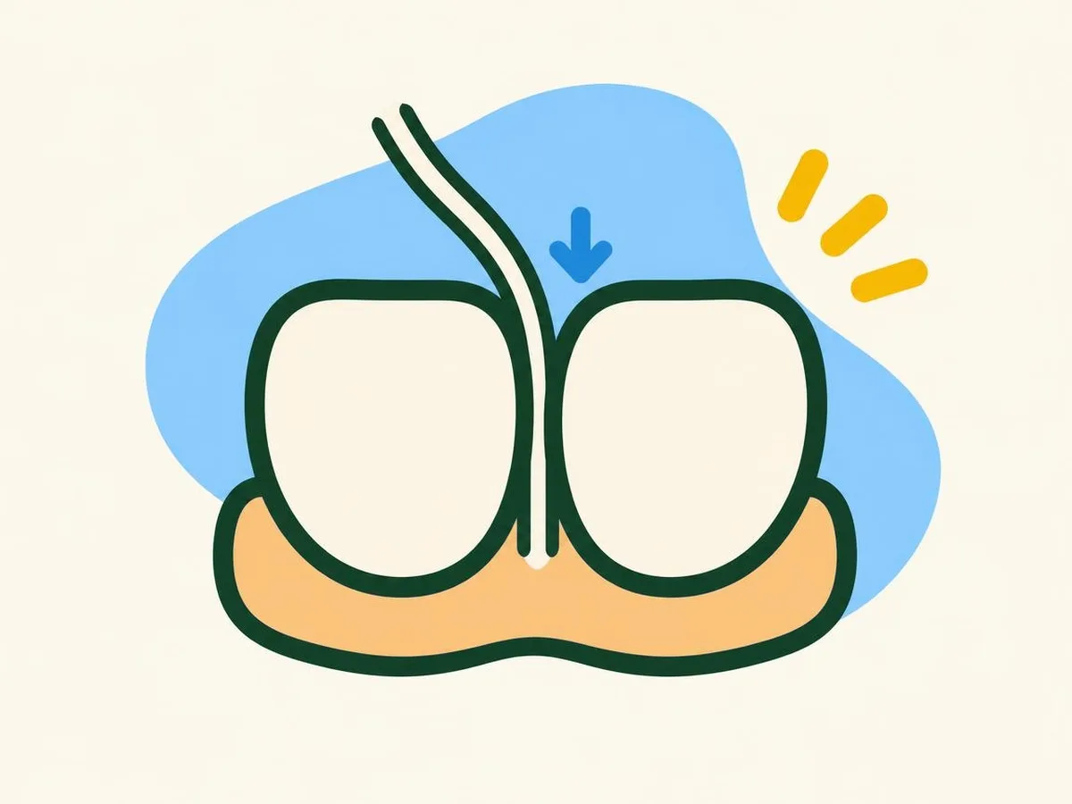 Illustration of a close-up of floss easing down between two front teeth with a small gentle arrow