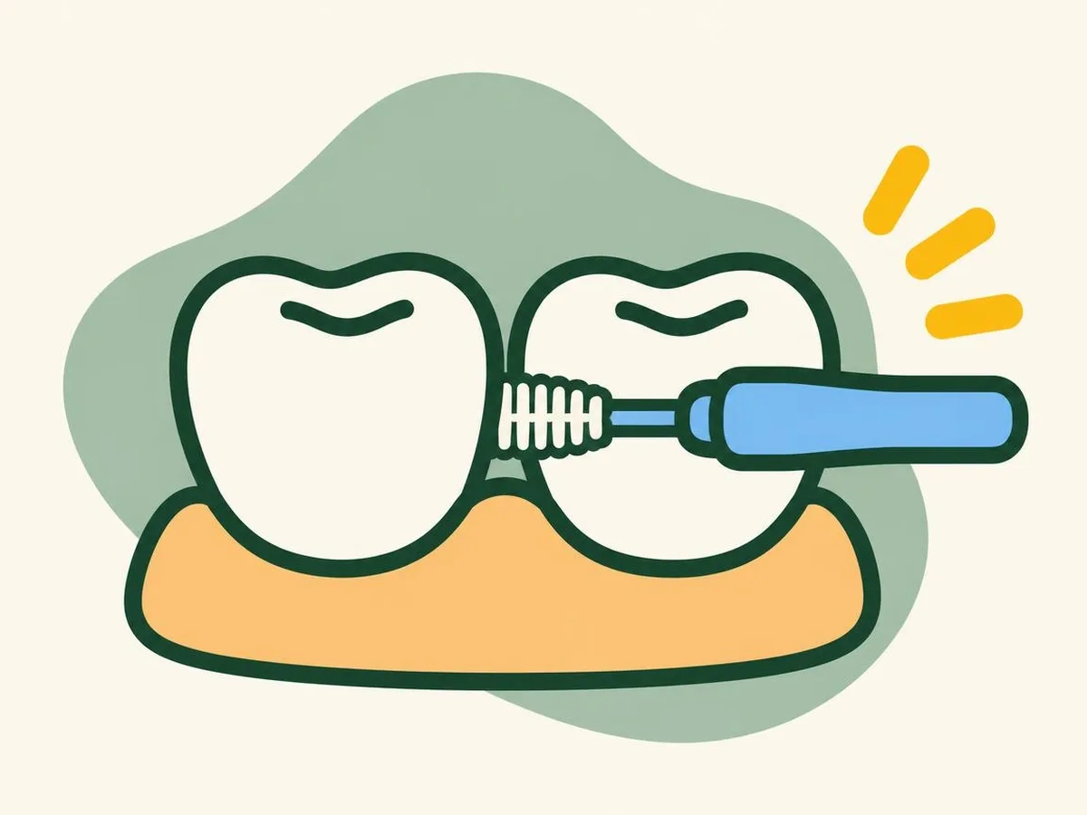 Illustration of a small interdental brush passing straight through the gap between two back teeth from the side