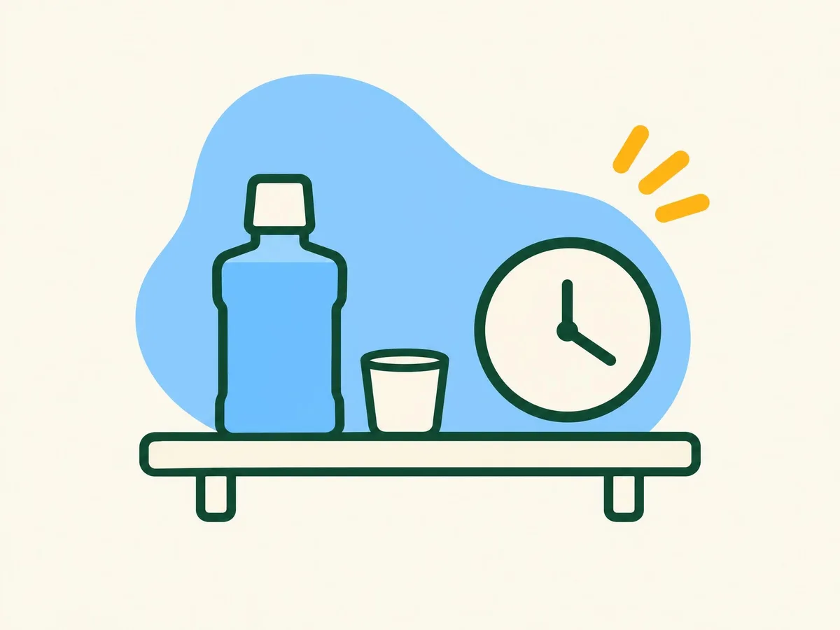 Illustration of a bottle of mouthwash and a small cup on a shelf next to a plain clock face with no numbers