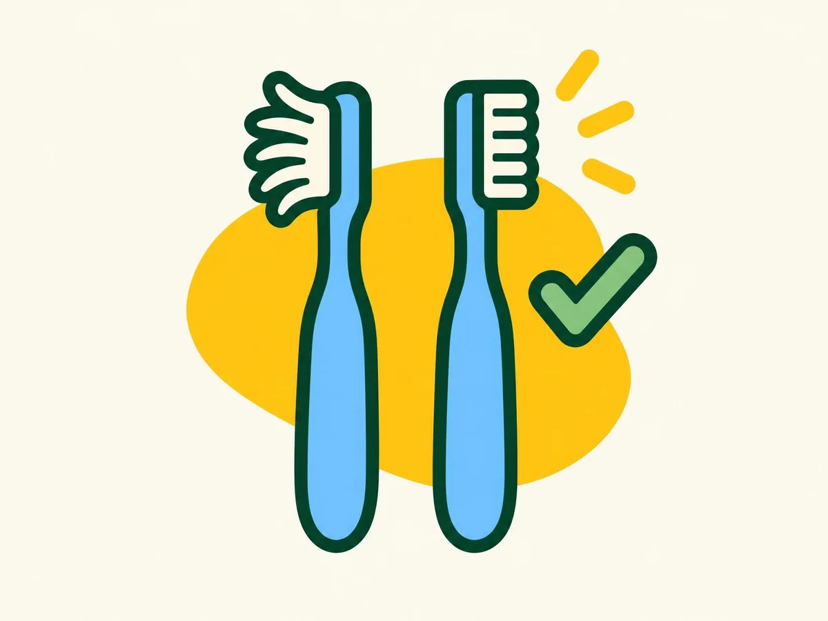 Illustration of an old toothbrush with splayed bristles next to a new one with straight bristles