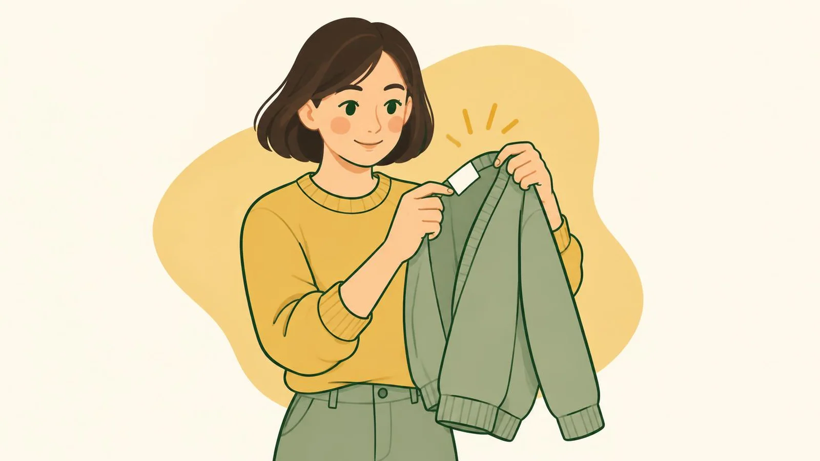 Illustration of a woman turning a jumper inside out to look at the care label in the side seam