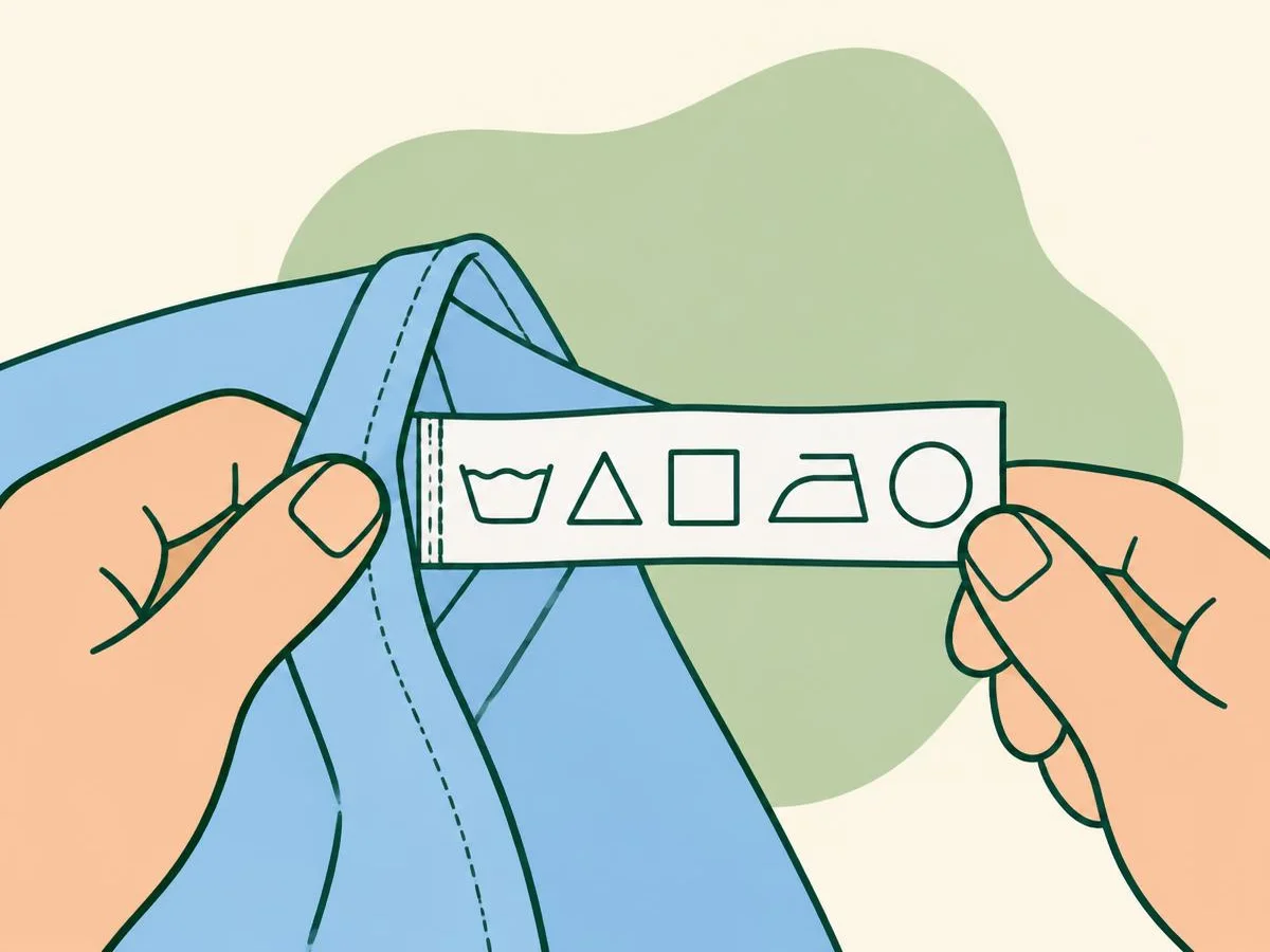 Illustration of a hand holding open a shirt side seam to show a long fabric label with a row of five blank, plain shapes