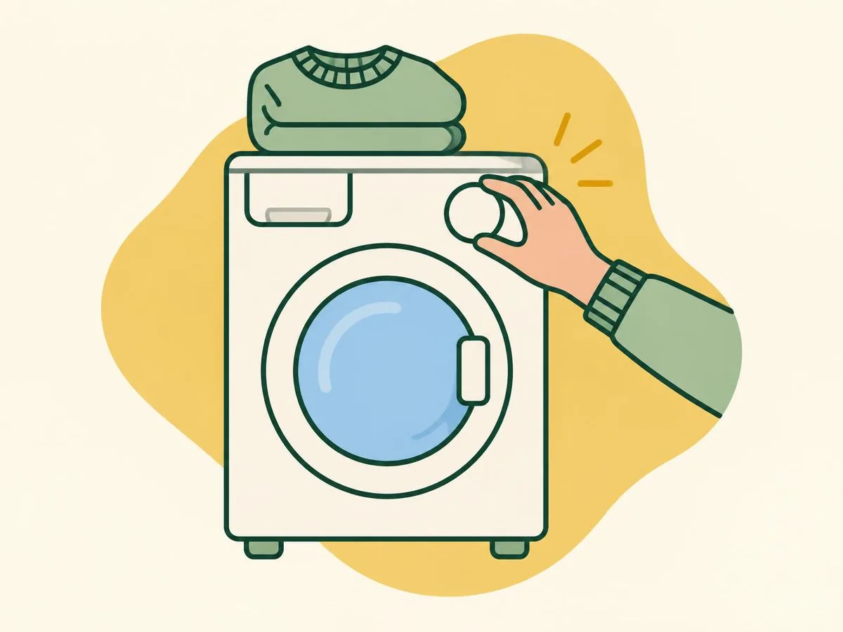 Illustration of a hand turning the dial of a washing machine, a folded jumper on top