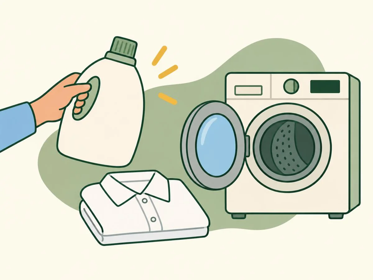 Illustration of a hand holding a plain unlabelled bottle of laundry liquid above a white shirt, next to an open washing machine