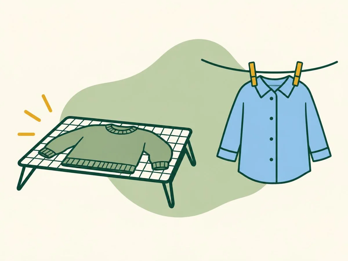 Illustration of a jumper laid flat on a drying rack beside a shirt hanging on a line