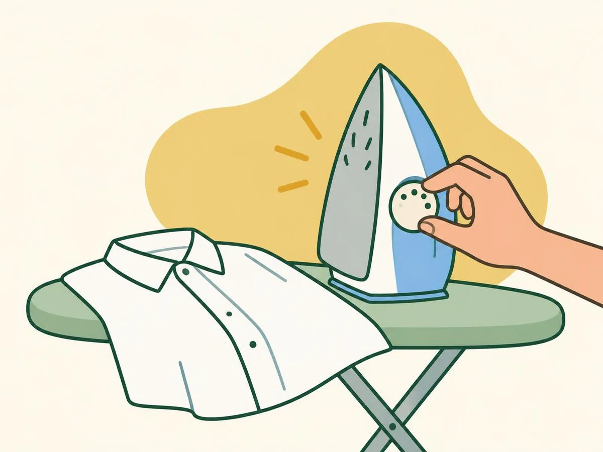 Illustration of a hand turning the temperature dial of an iron, a cotton shirt on the ironing board