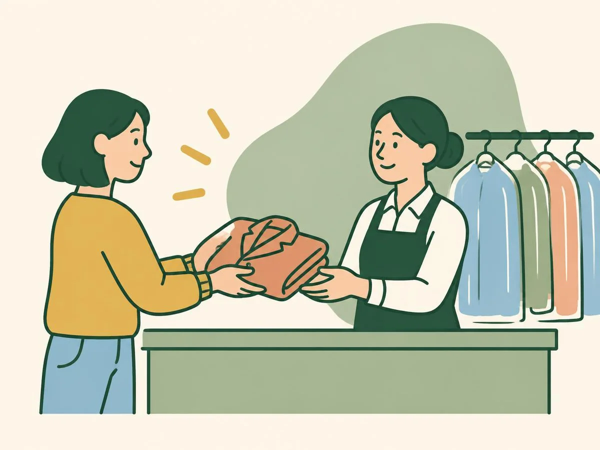 Illustration of a woman in a mustard-yellow jumper handing a folded coat across a shop counter to a dry cleaner