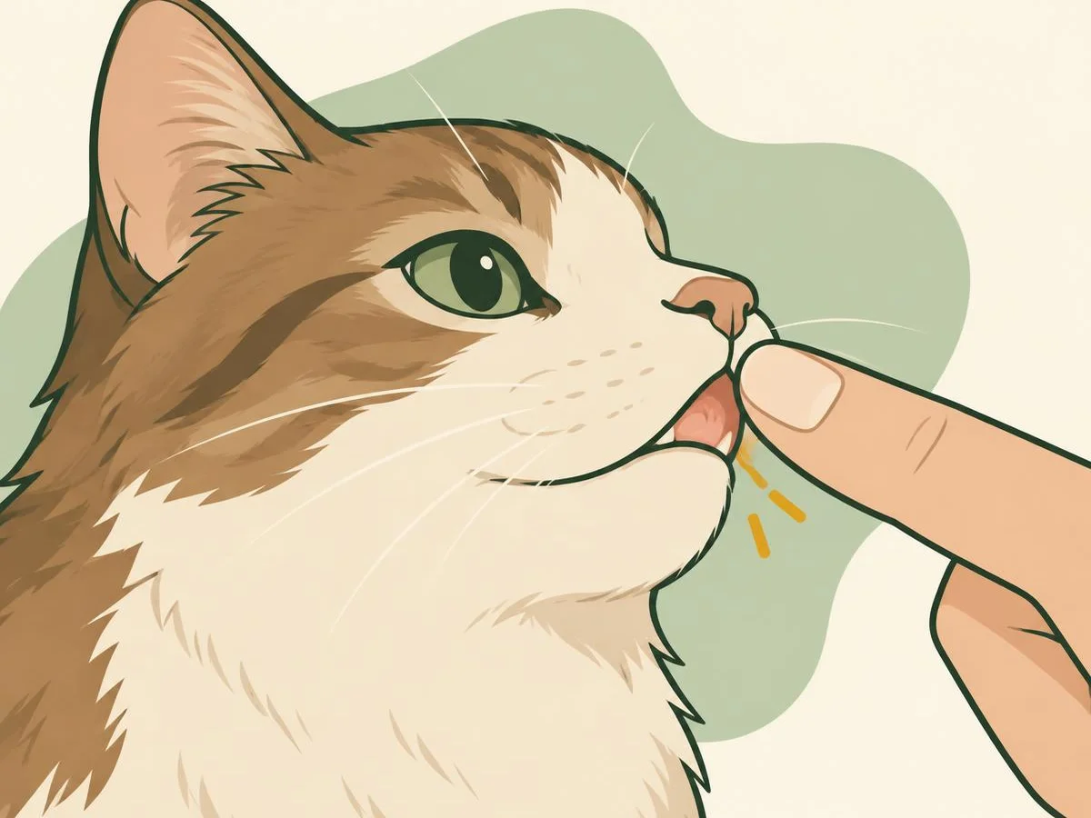 Illustration of a hand gently lifting a calm cat's upper lip at the side to show its gums