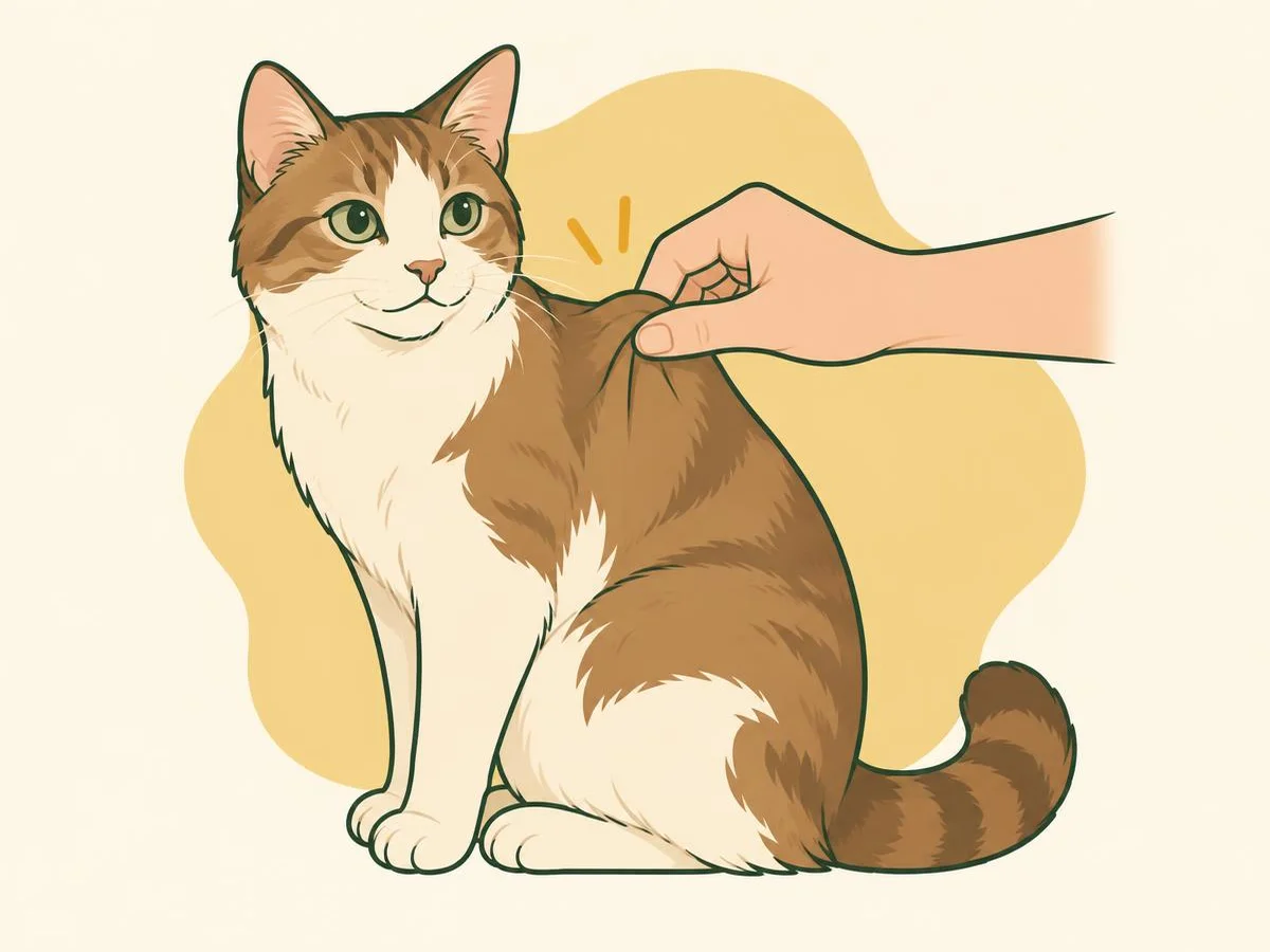 Illustration of fingers gently lifting a small fold of skin over a sitting cat's shoulders