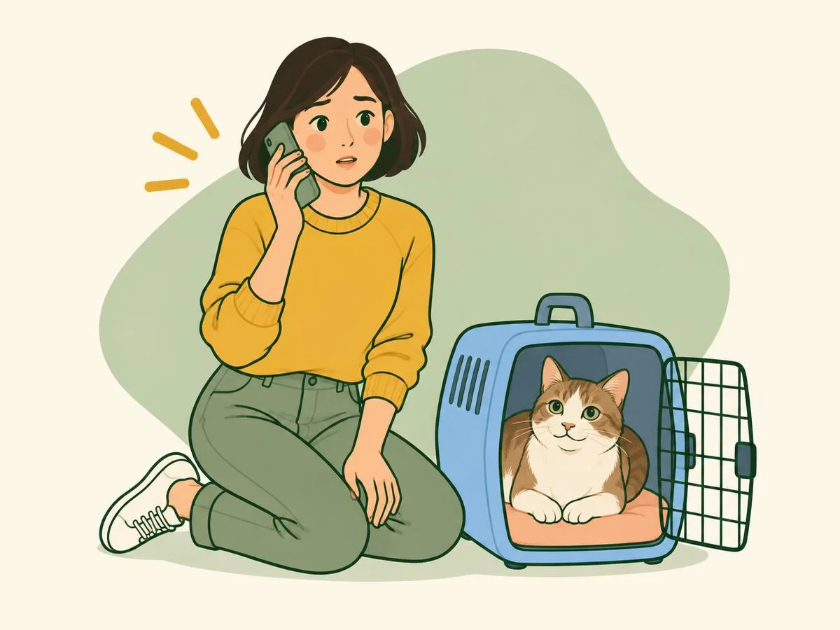 Illustration of a woman on the phone while her cat rests in an open carrier beside her