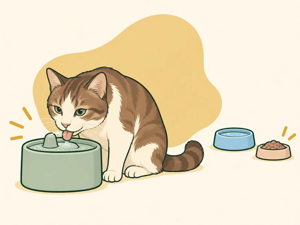 Illustration of a cat drinking from a small water fountain, with a second water bowl and a dish of wet food in another corner of the room