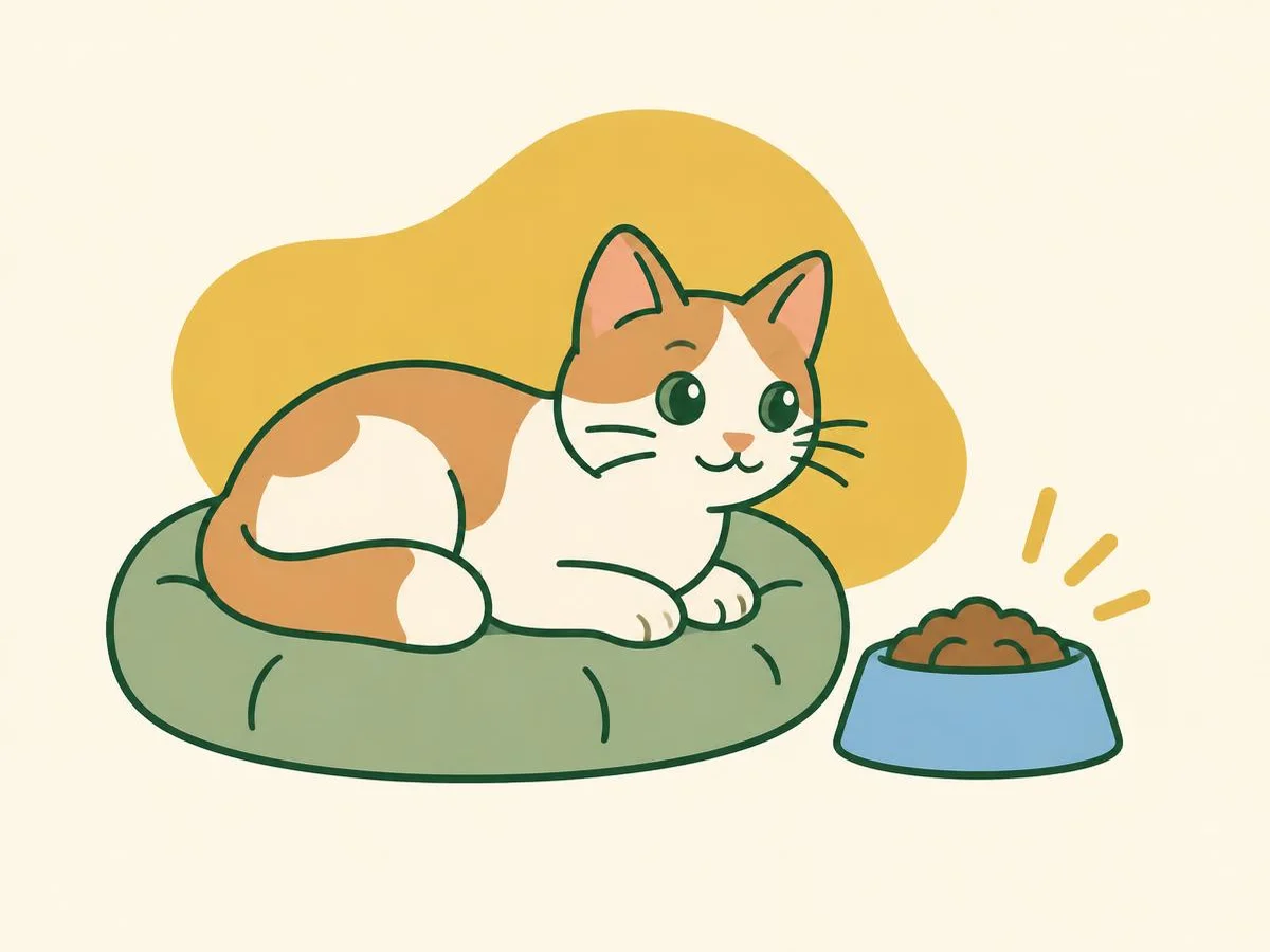 Illustration of a cat lying on a cushion, its eyes open and alert, next to a full food bowl