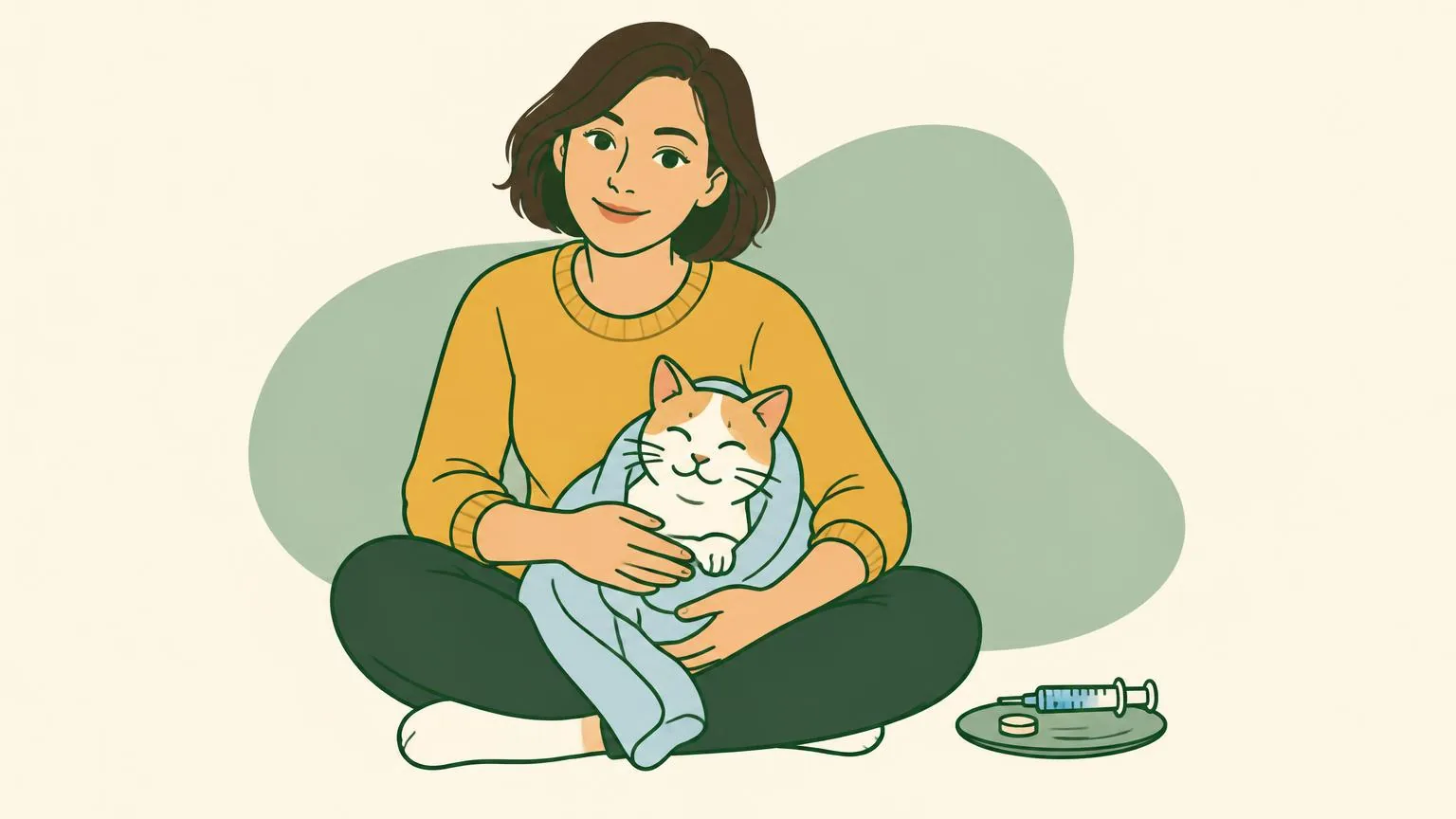 Illustration of a woman sitting on the floor with a calm cat wrapped loosely in a towel on her lap, a small tablet and an oral syringe on a saucer beside her