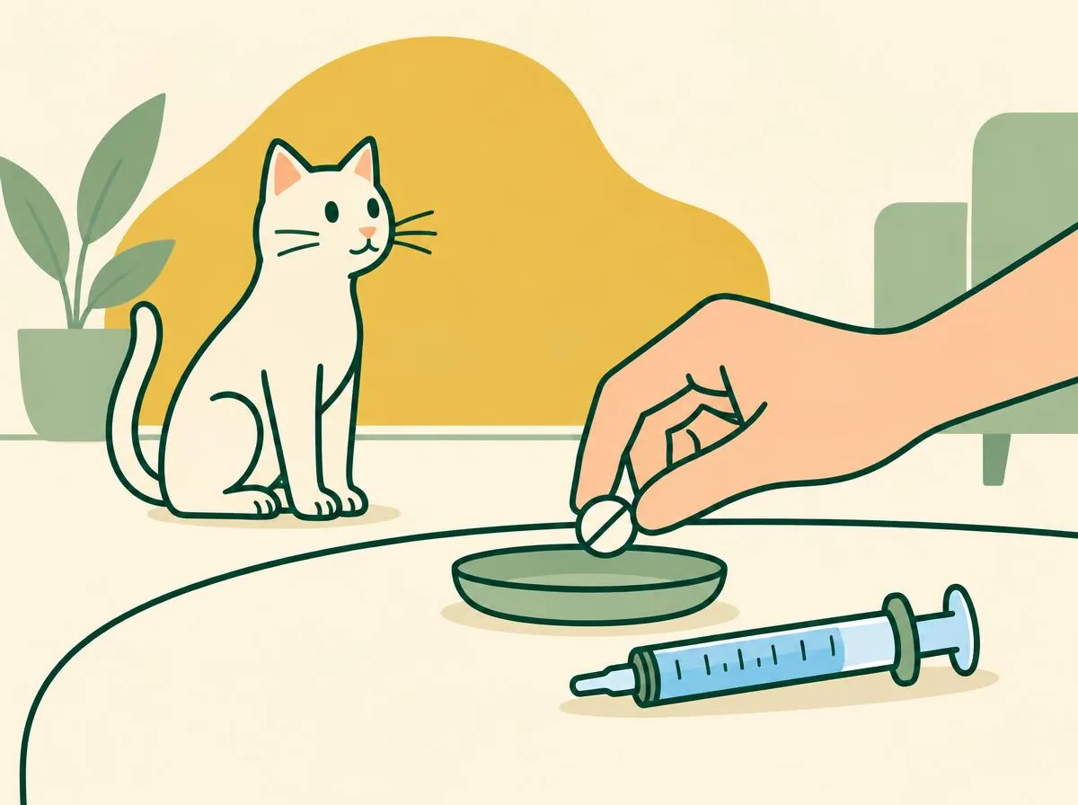 Illustration of a hand placing a tablet on a saucer next to a filled oral syringe, while a cat watches from across the room