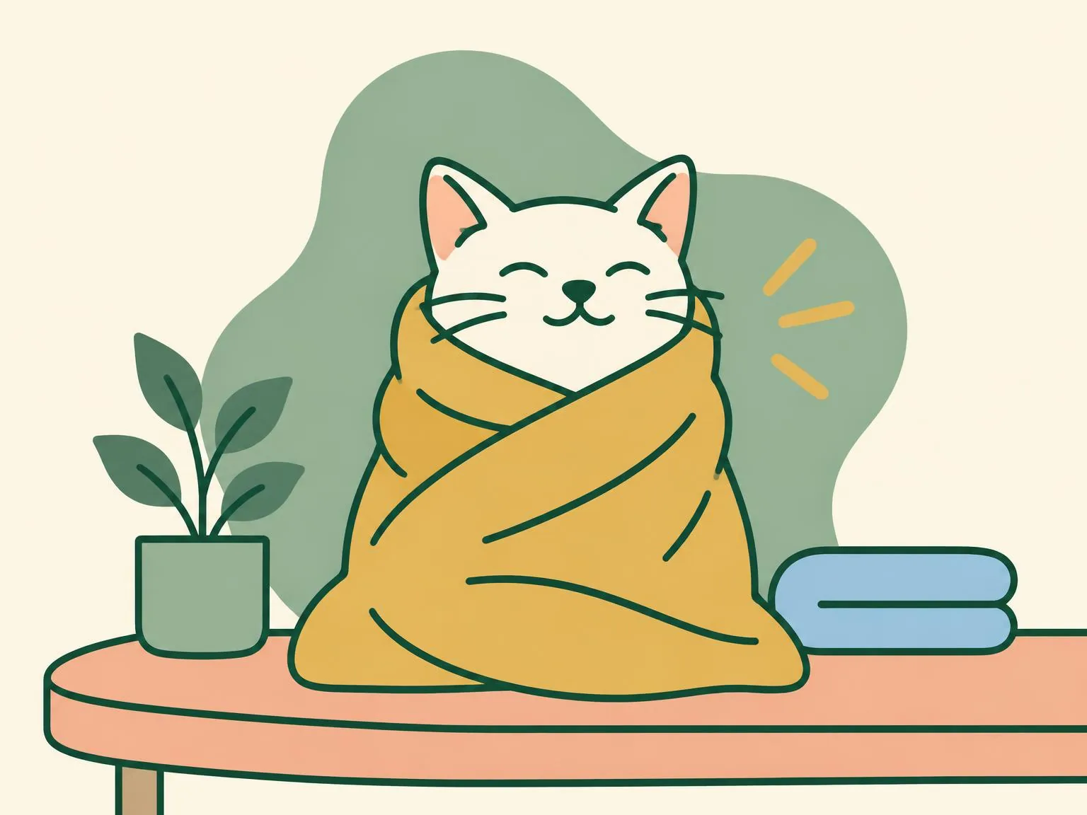 Illustration of a cat wrapped snugly in a towel with only its head showing, sitting on a smooth table