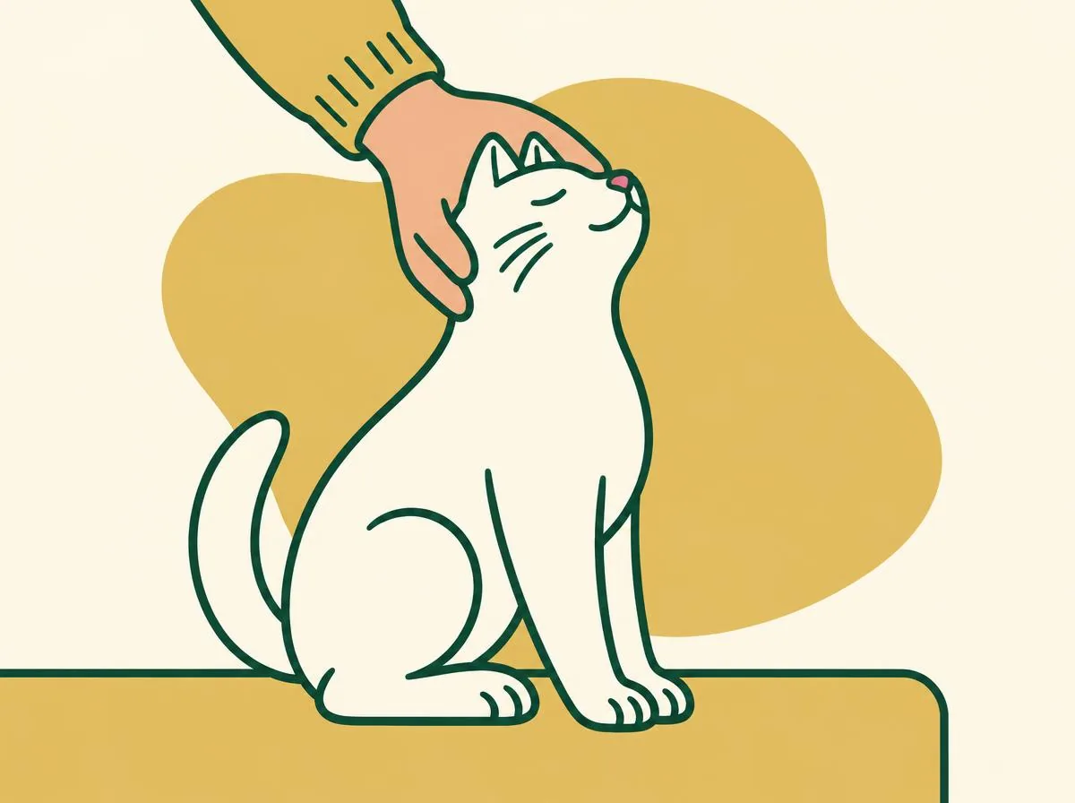Illustration of a hand cupping the top of a cat's head from behind, thumb and finger at the cheekbones, the cat's nose tilted towards the ceiling