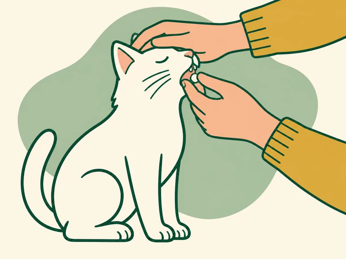 Close-up illustration of a hand holding a small tablet between thumb and index finger while the middle finger presses gently down on the front of a cat's lower jaw