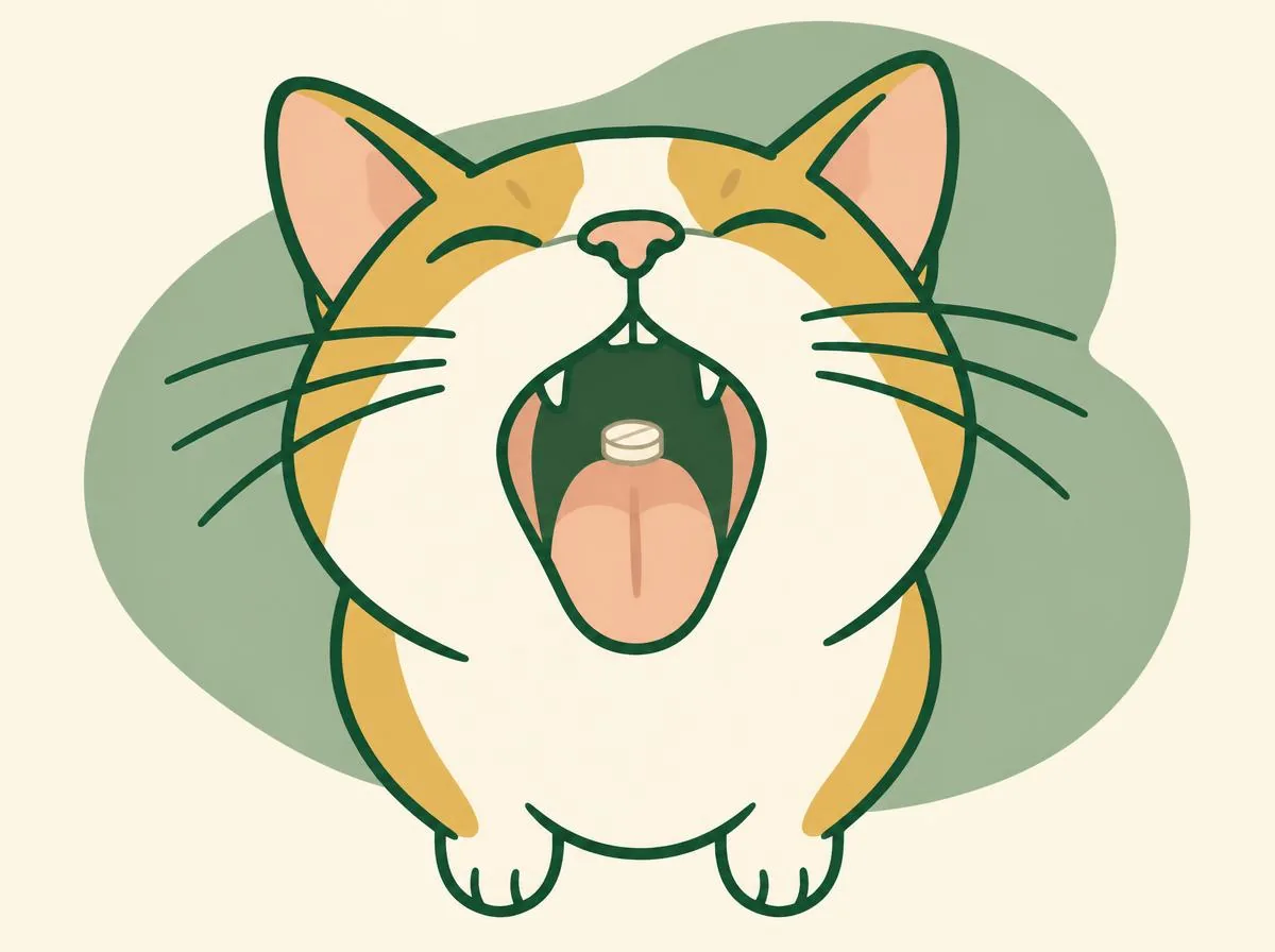 Illustration of a cat's open mouth seen from the front, a small tablet dropping onto the middle of the back of the tongue