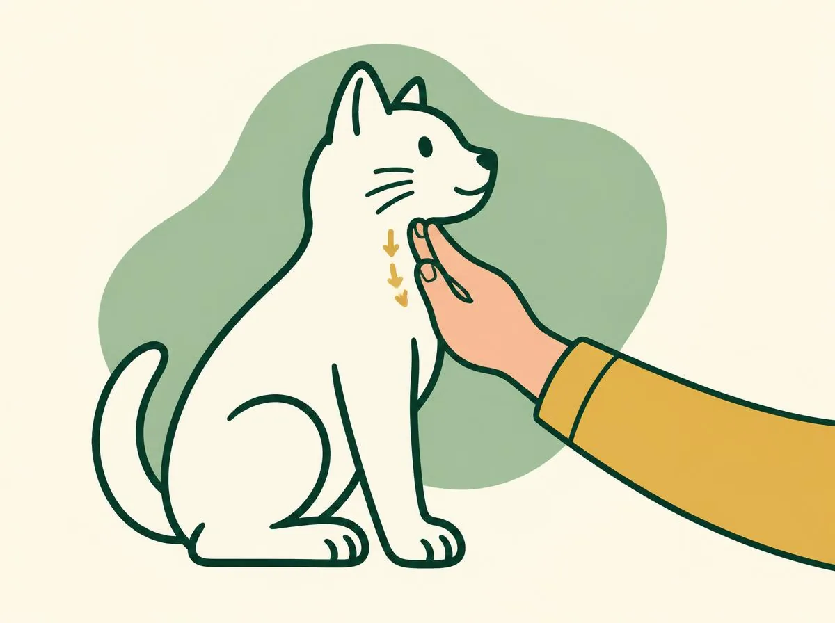 Illustration of a hand gently stroking down the front of a cat's throat while its mouth is closed and its head is level