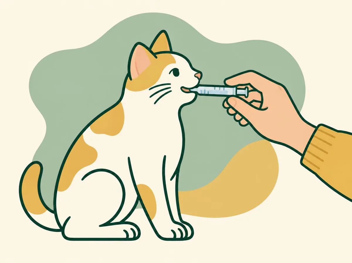 Illustration of an oral syringe tip placed in the side of a cat's mouth, behind the canine, with the head level