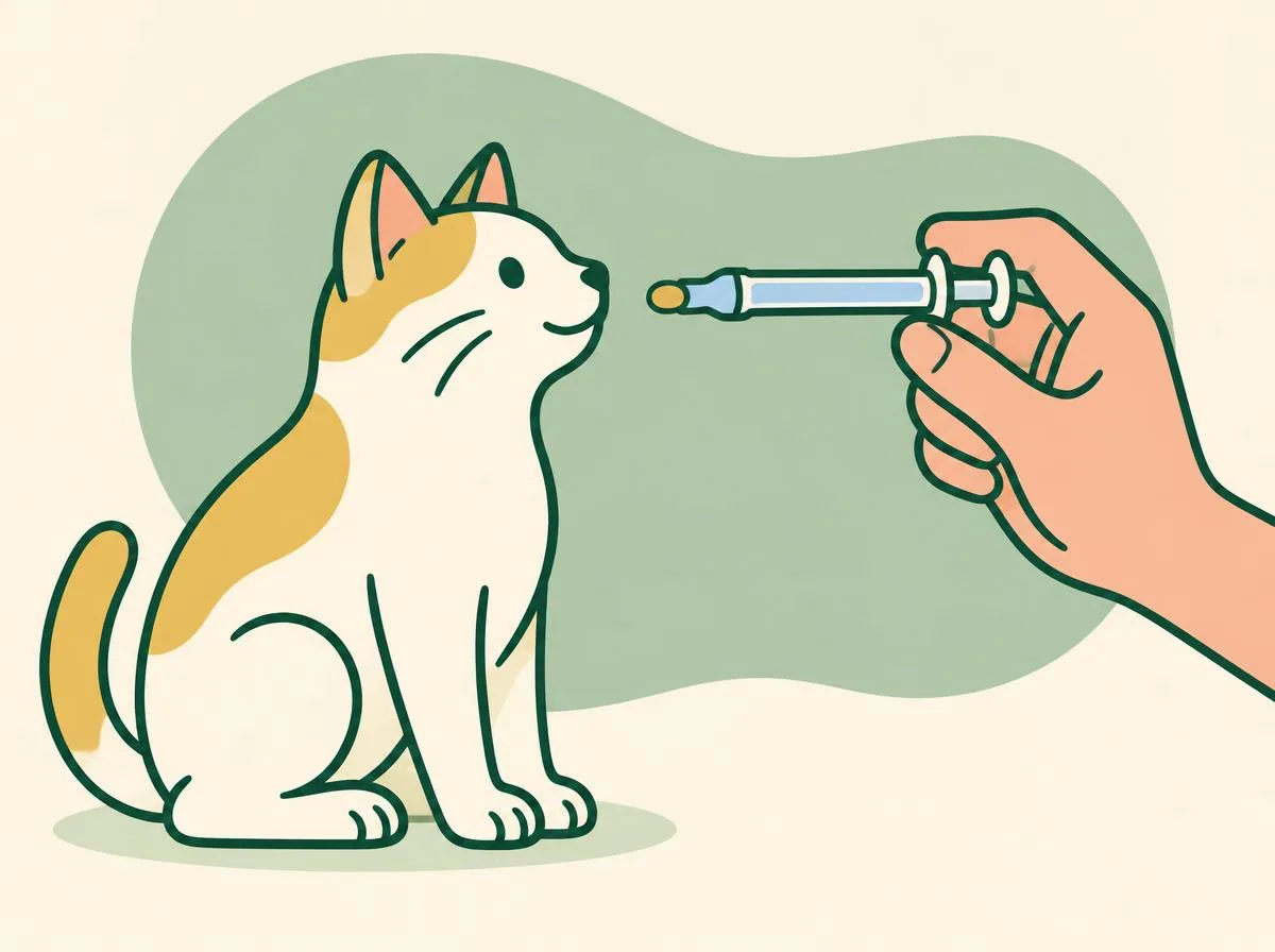 Illustration of a folded towel, a small oral syringe of water, a single tablet on a saucer, a pill popper and a few soft treats on a table