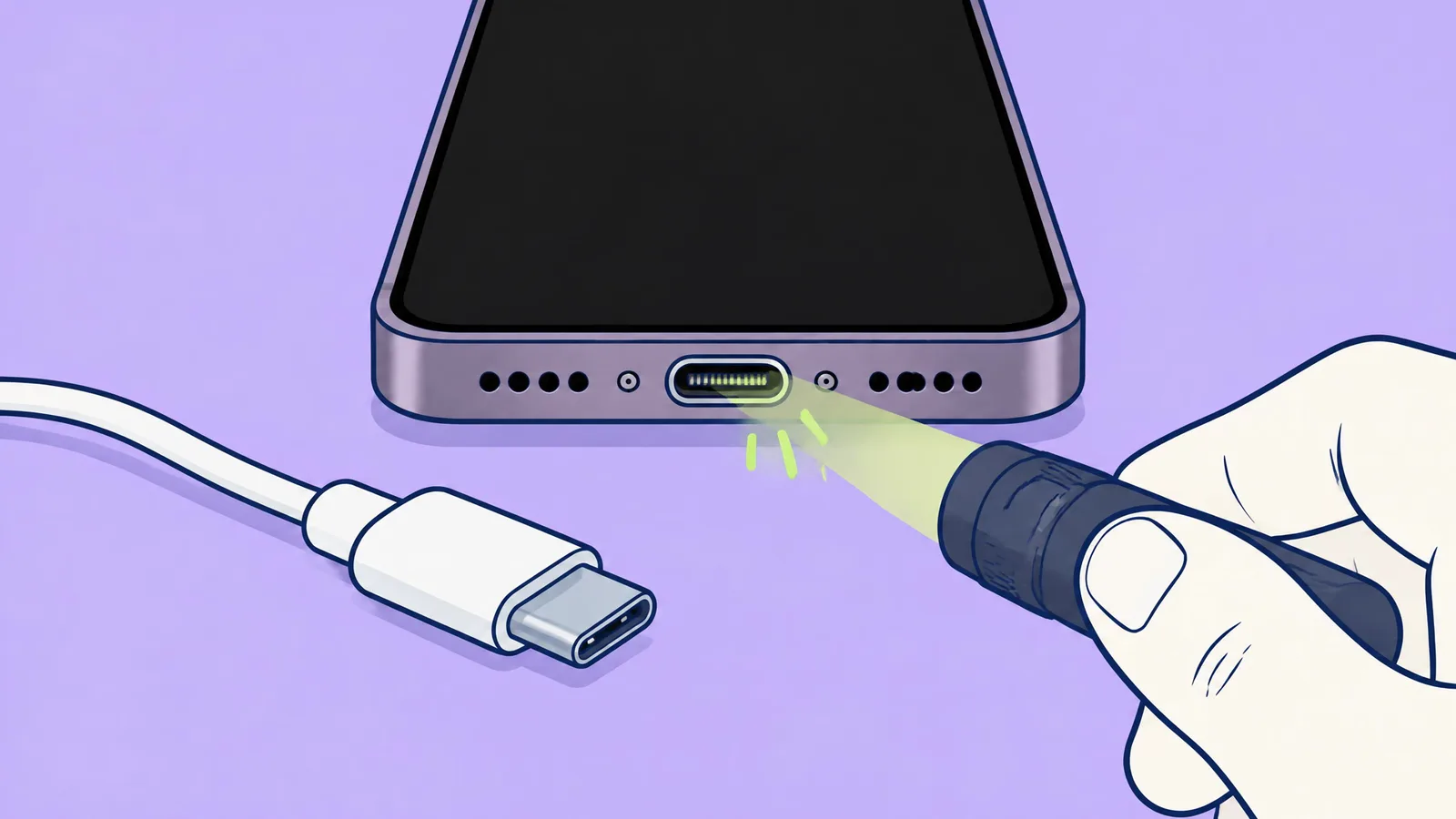 Illustration of a torch shining into the USB-C port on the bottom of a phone, with a USB-C cable beside it