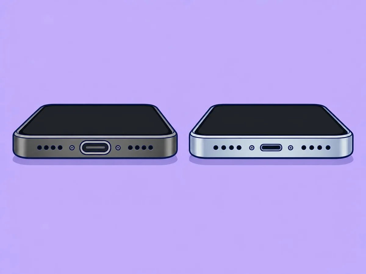Illustration of two iPhone bottom edges: a wider USB-C port on the left and a narrower Lightning port on the right