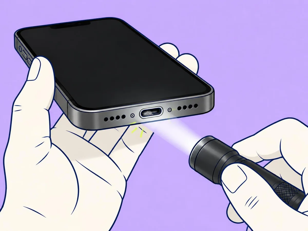 Illustration of a hand holding a phone port-up while a torch shines into the USB-C port