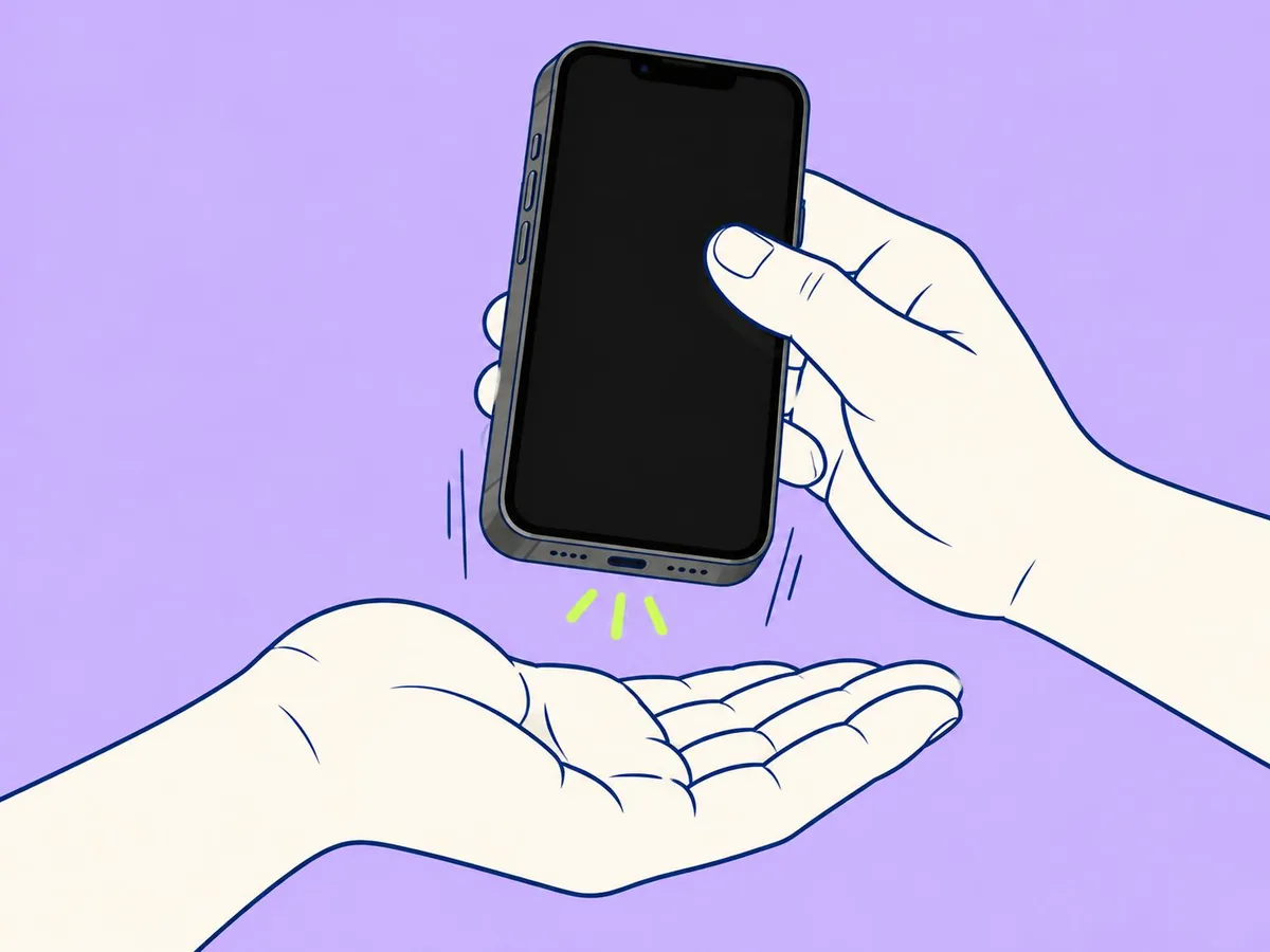 Illustration of an iPhone held port-down and tapped gently over an open palm