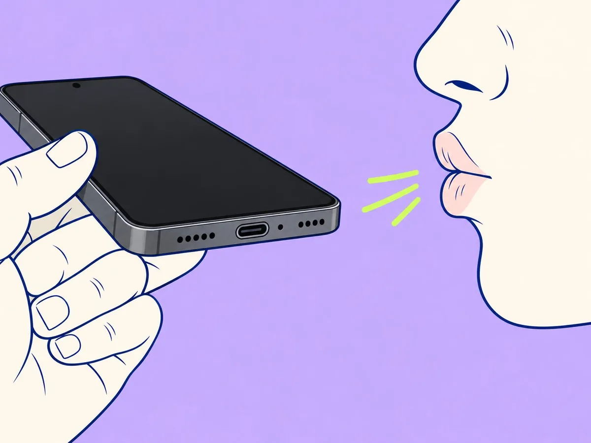 Illustration of a person gently blowing into the USB-C port of a Galaxy phone with its screen off