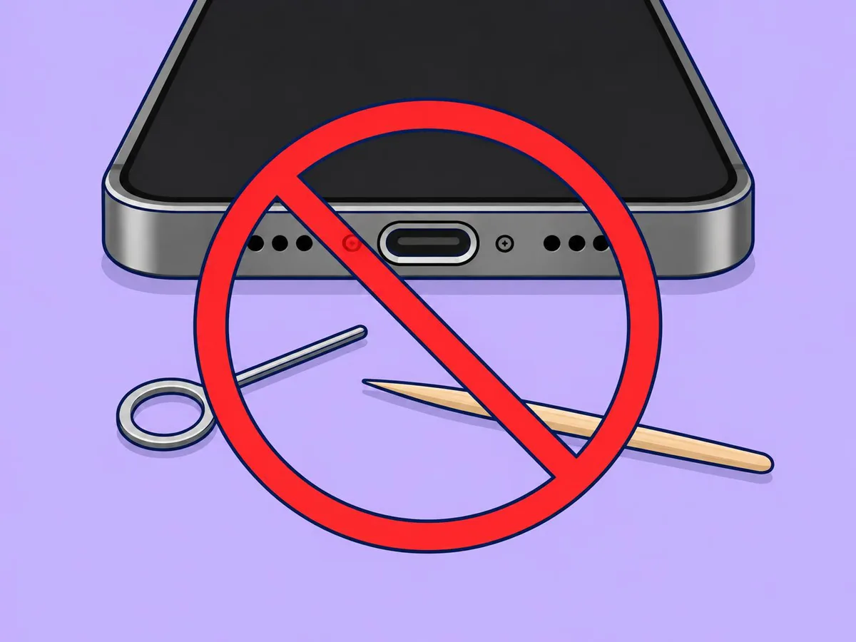 Illustration of a SIM pin and a toothpick next to a phone's charging port, crossed out with a red sign