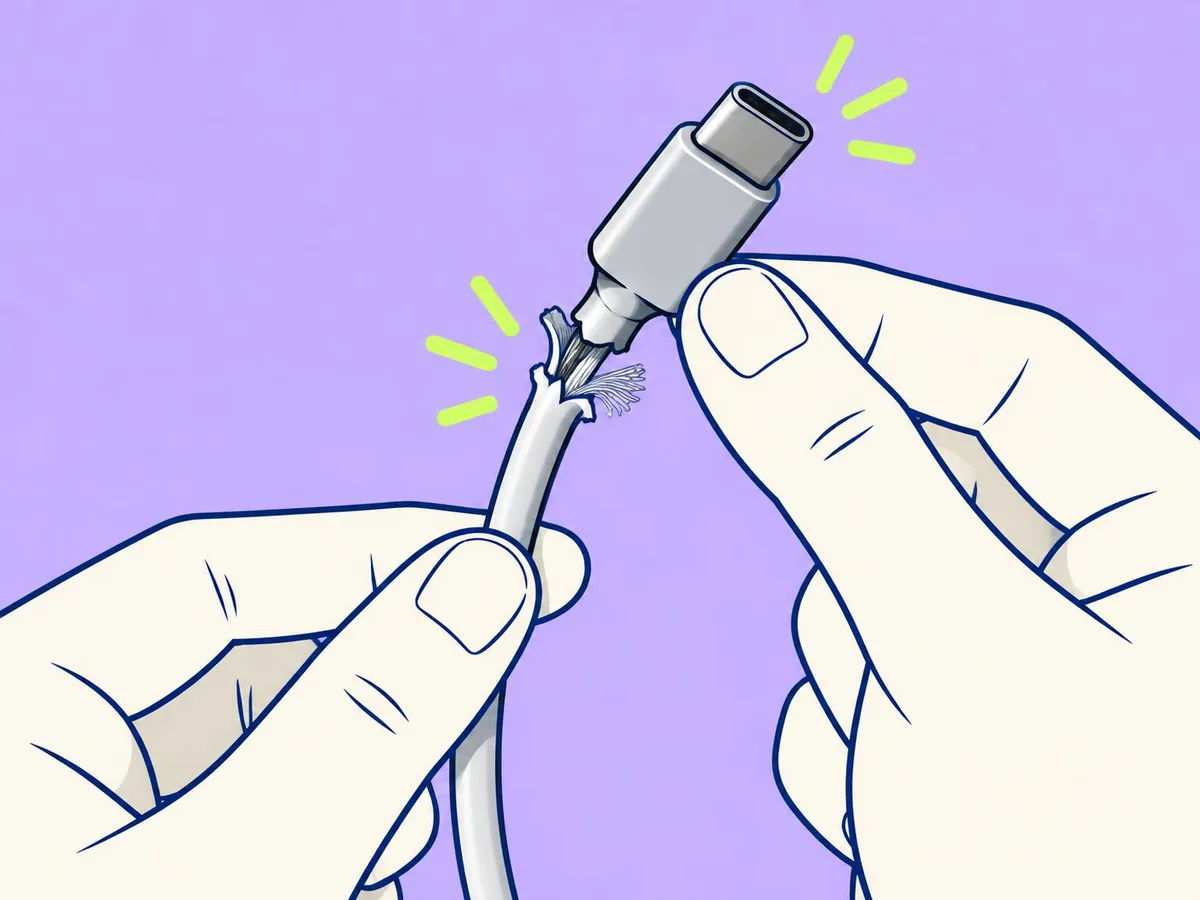 Illustration of hands holding a USB-C cable with a frayed section near the plug