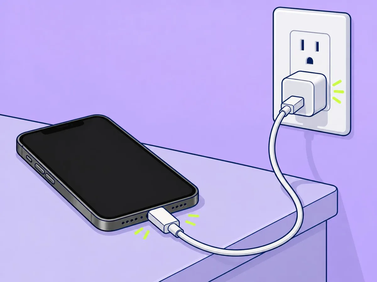 Illustration of a phone on a table plugged into a charger in a wall socket