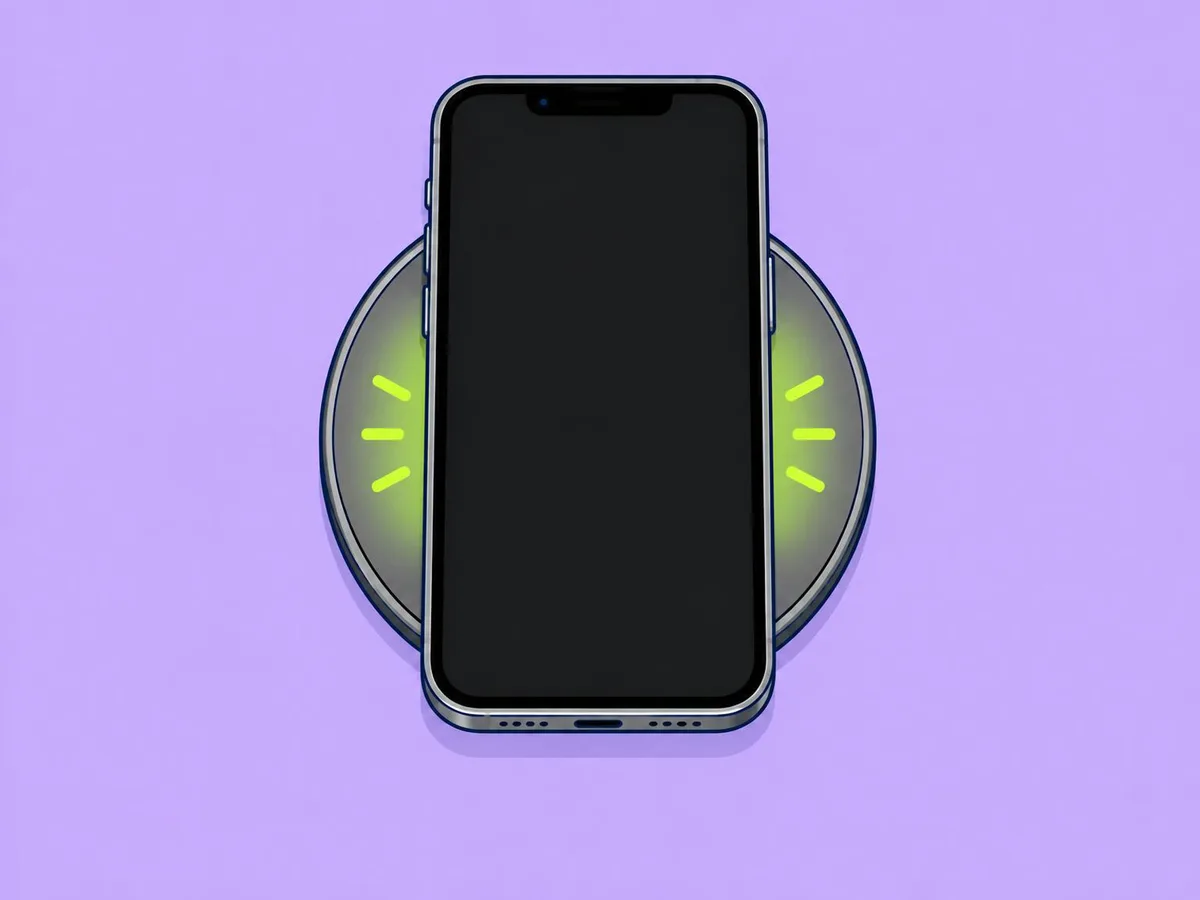 Illustration of a phone lying centred on a round wireless charging pad
