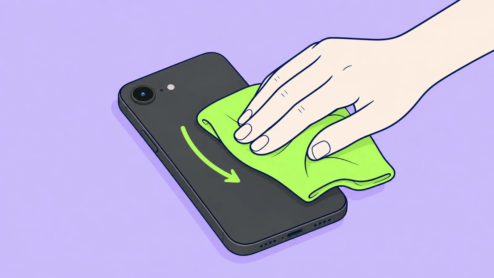 Illustration of a hand wiping the back of an iPhone 17e with a green microfibre cloth