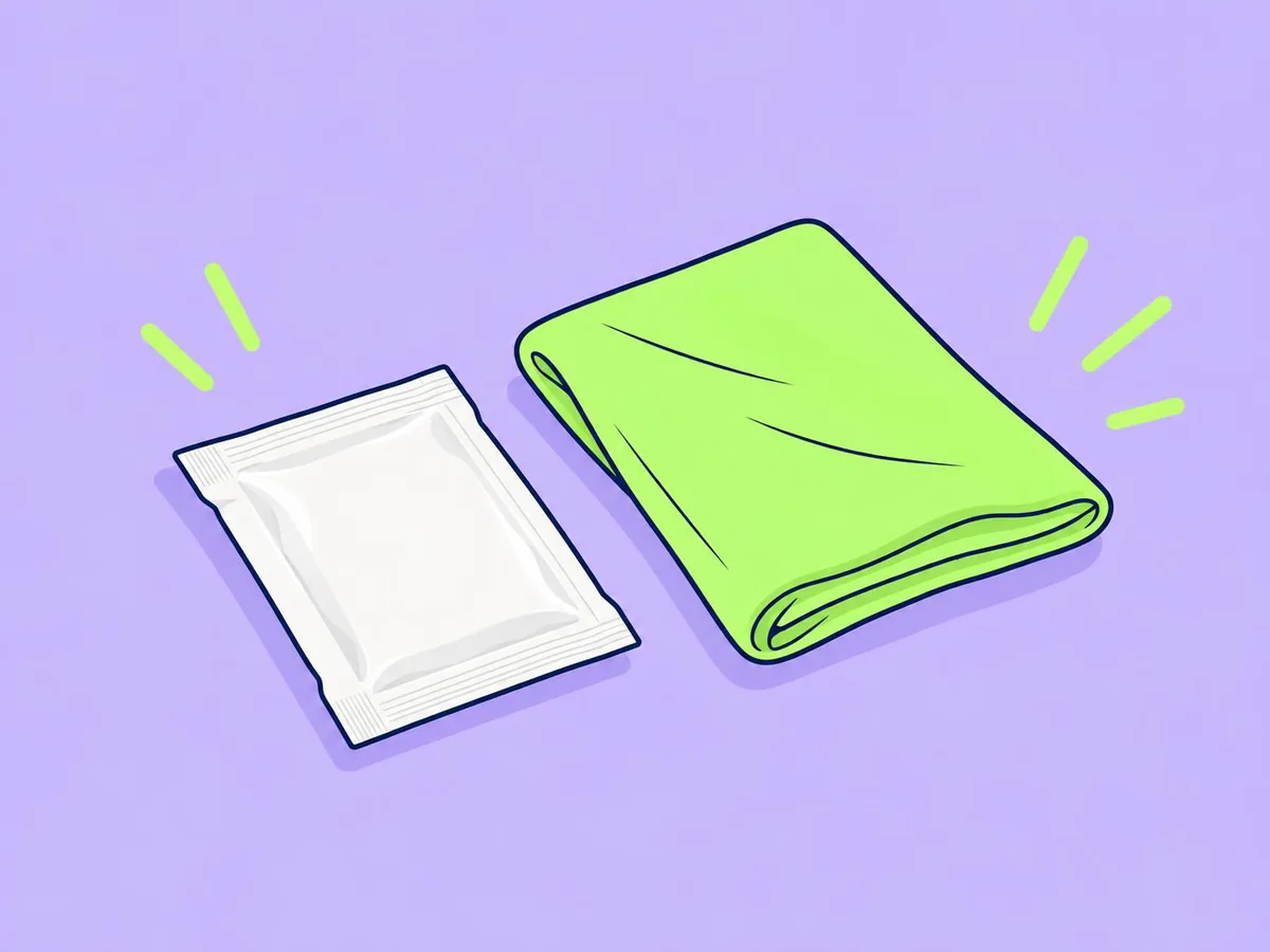 Illustration of a folded microfibre cloth next to a sealed alcohol wipe packet