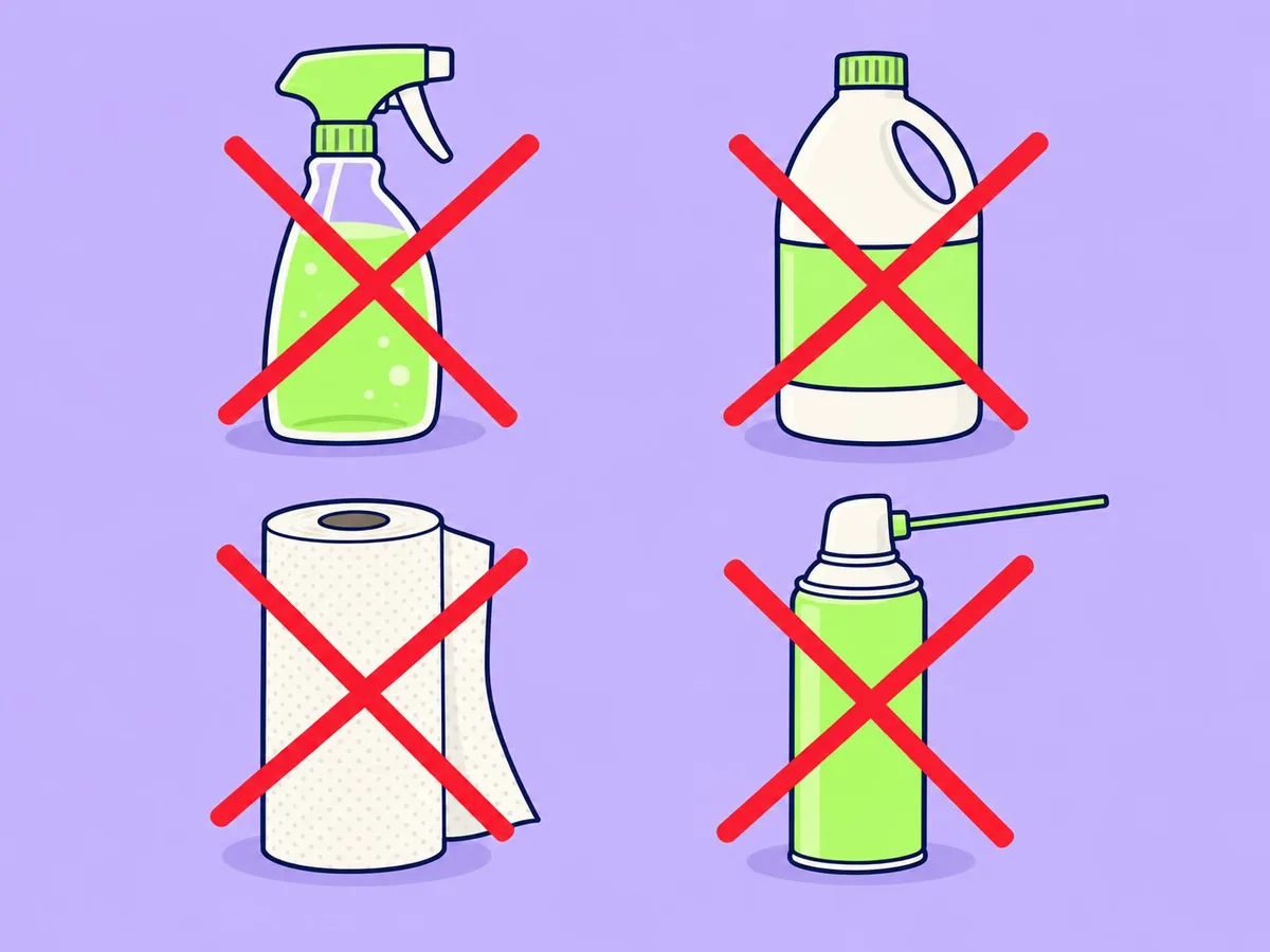 Illustration of a spray bottle, a bleach bottle, a paper towel roll and a compressed-air can, each crossed out