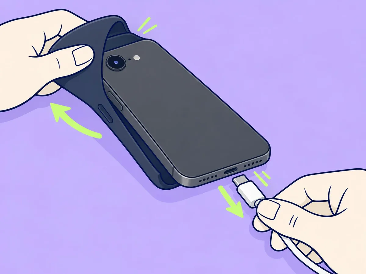Illustration of a case being peeled off an iPhone 17e while a hand pulls out the USB-C cable