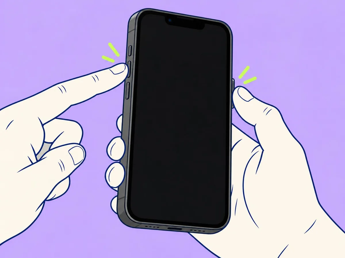 Illustration of a finger pressing a volume button on the left edge while a thumb presses the side button on the right edge of an iPhone 17e